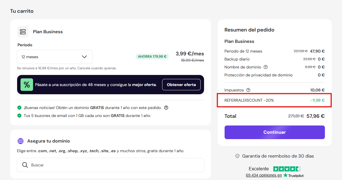 Carrito con el código descuento Hostinger aplicado